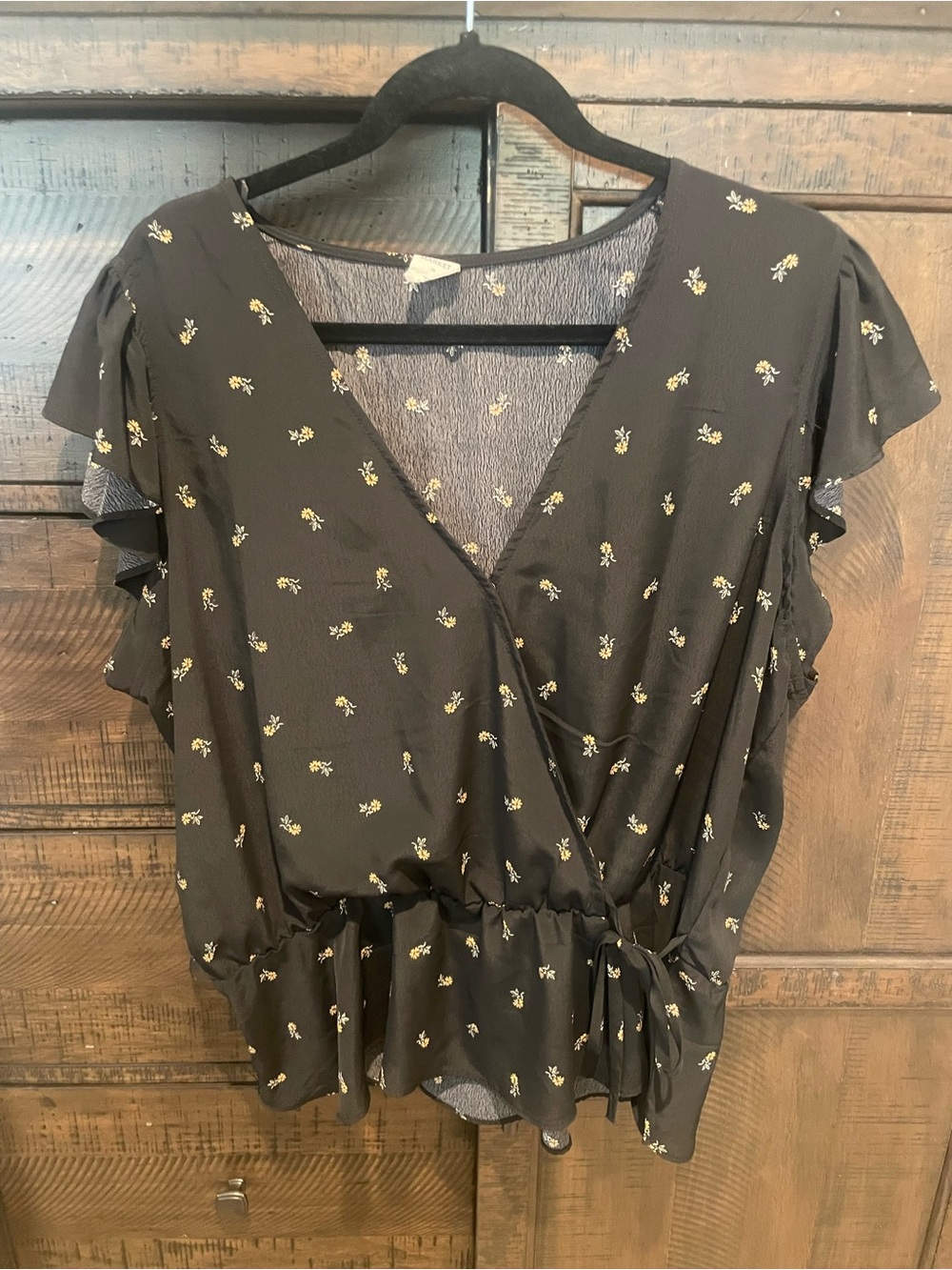 Melrose and Market Black Floral Wrap Peplum Blouse